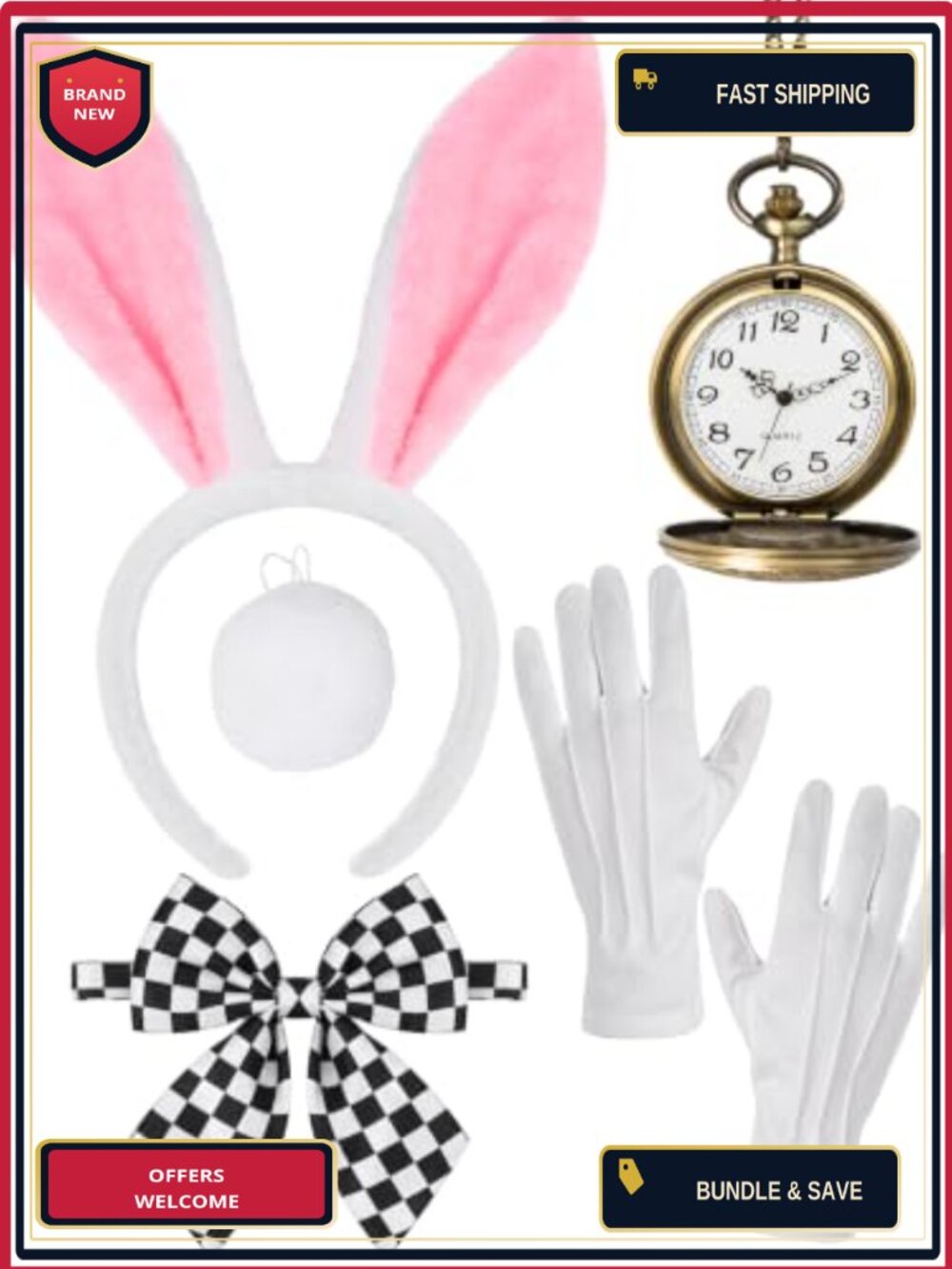 Bunny Costume Accessory Set Headband Bow Tie Tail Gloves Pocket Watch
